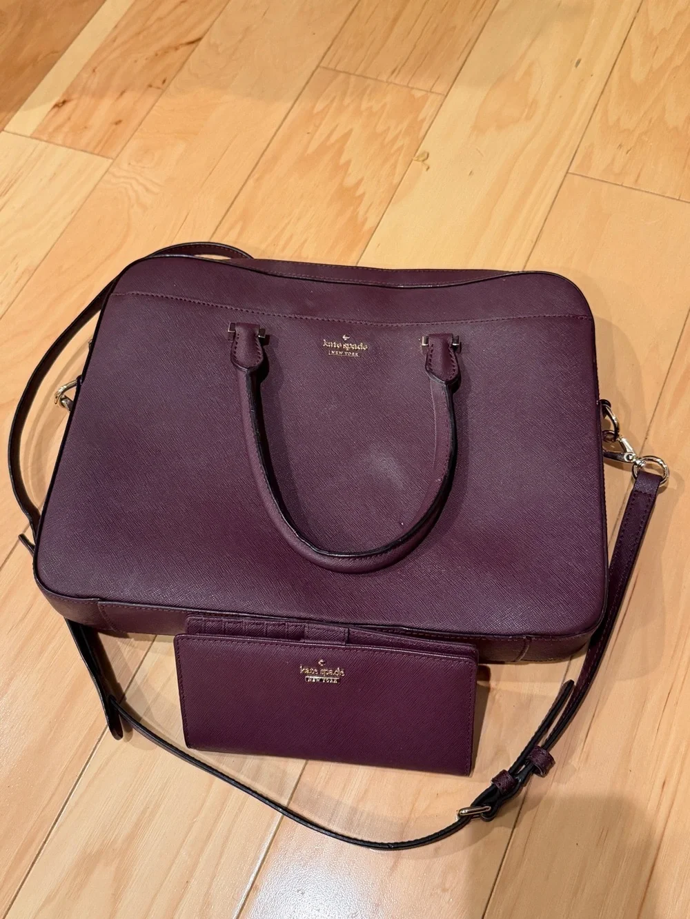 NWOT Kate Spade New York Plum Saffiano Leather Briefcase Tote & Matching Wallet
